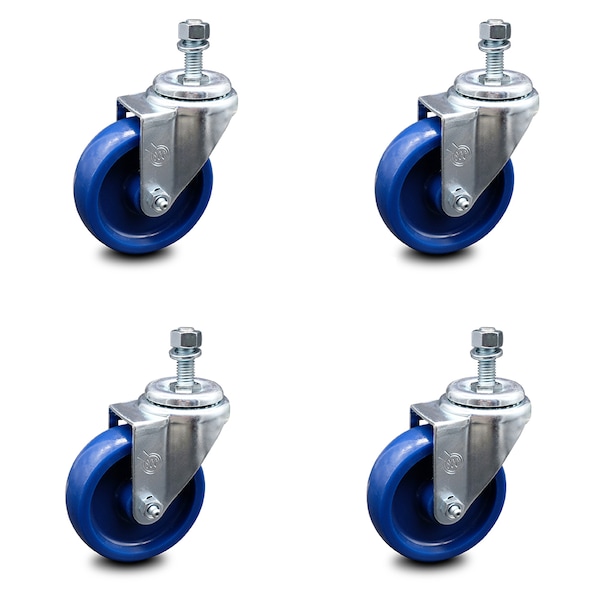 4 Inch Solid Polyurethane Wheel Swivel 3/8 Inch Threaded Stem Caster Set SCC